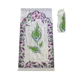 Witte gebedskleed met groene en paarse bloemen, zijde textuur, raschel stof, ideaal voor dagelijks gebruik
